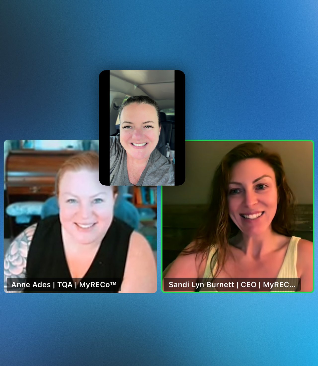 Anne Ades, Holly Brink, and Sandi Lyn Burnett from the leadership team at My Real Estate Company™ during a virtual meeting.