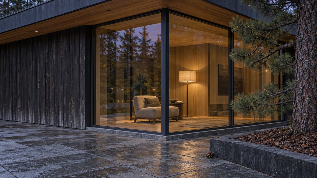 Dark cedar and charcoal-framed corner glazing glow warmly above a damp stone terrace beside a white pine.