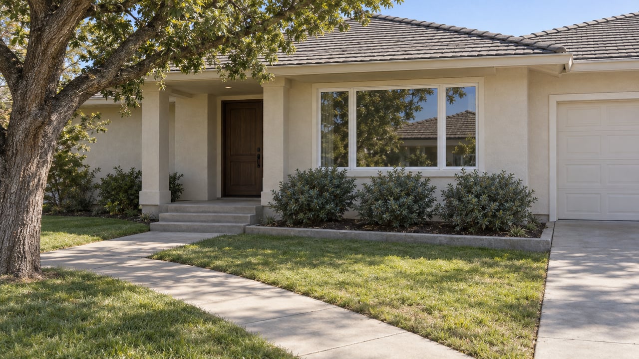 Sunlit cream stucco home with a gray tile roof, recessed wooden front door, concrete approach and established oak beside a green lawn.