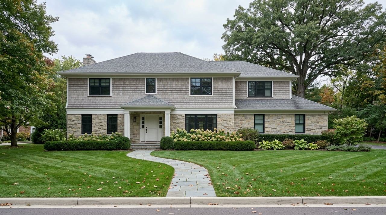Two-story stone and cedar-shingle house with a broad lawn, bluestone walkway, and mature oak tree.