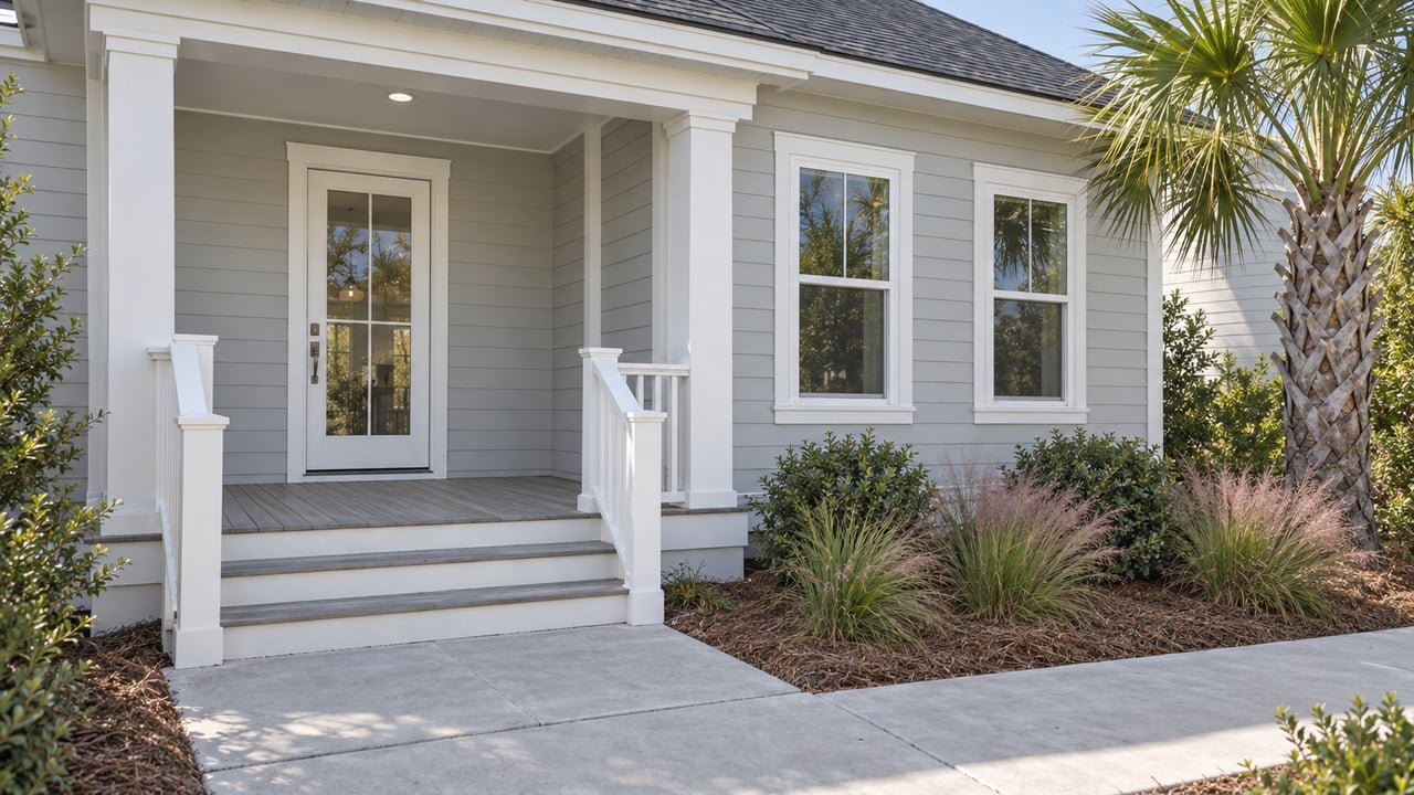 Compact home entrance with gray lap siding, a glass door, porch steps, walkway, and coastal plantings.