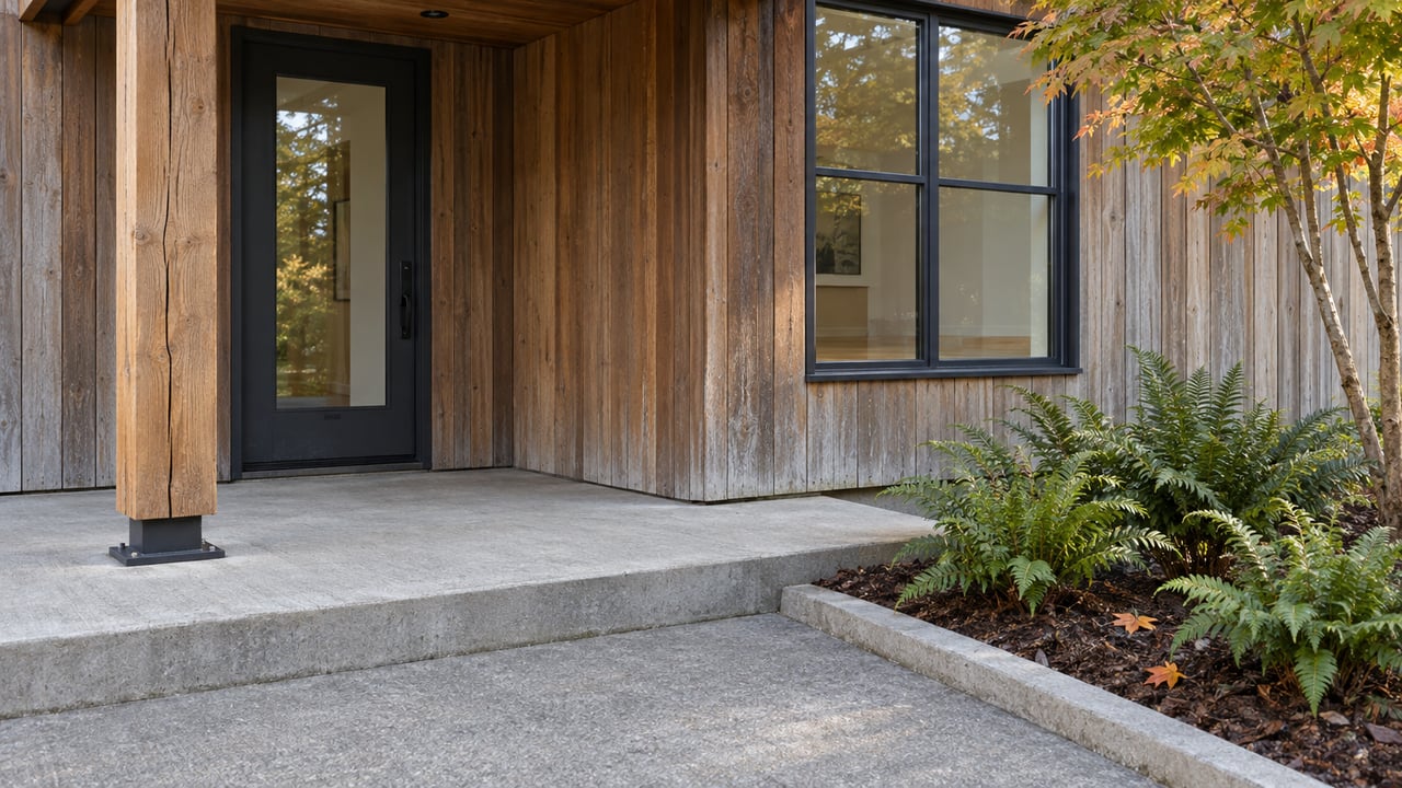 Contemporary home's cedar entry with charcoal-framed glazing, a concrete approach and carefully spaced sword ferns beneath a vine maple.