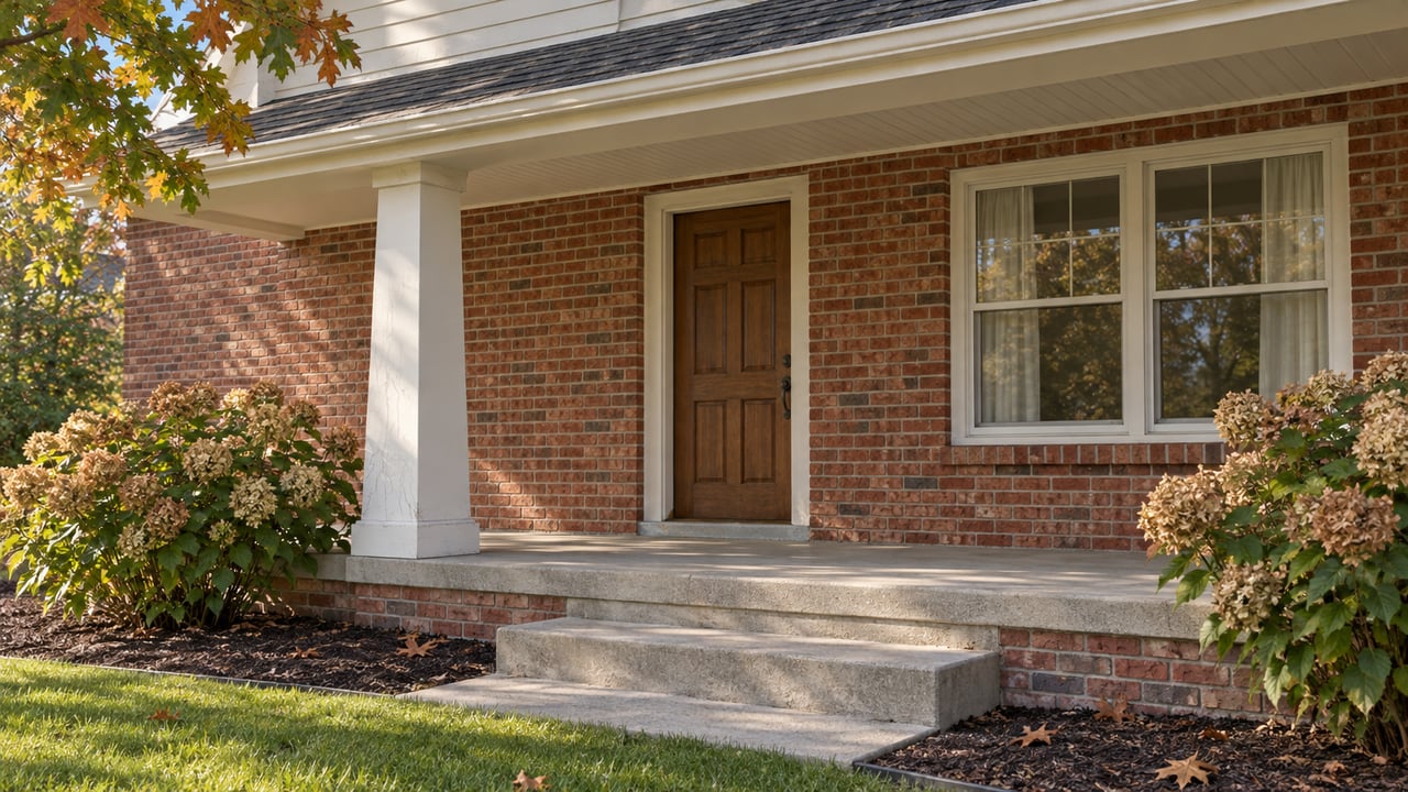 Sunlit red-brick home porch with an oak entry door, ivory trim, concrete steps and drying hydrangea flowers.