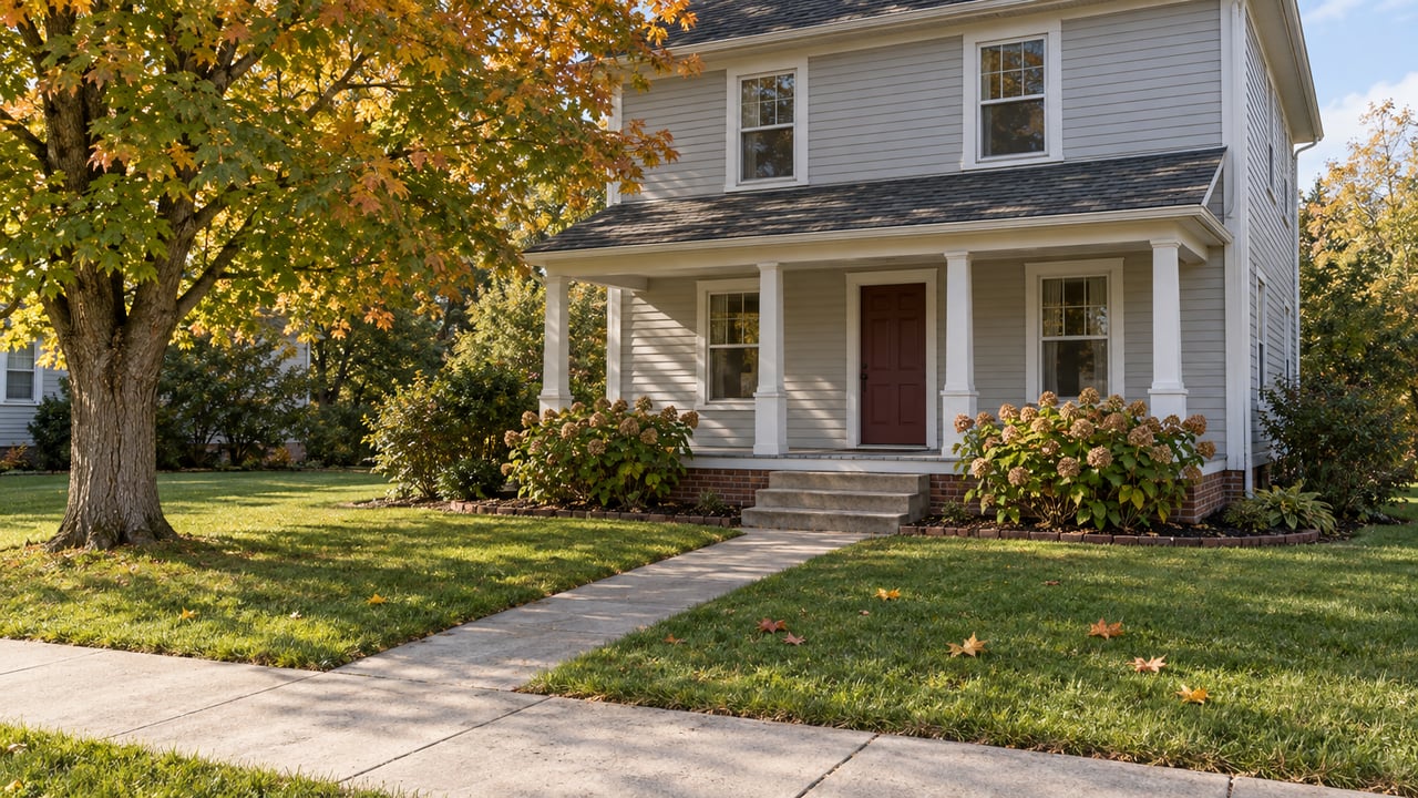 A gray clapboard home with a covered porch, a deep front lawn and a concrete sidewalk beneath an autumn sugar maple.