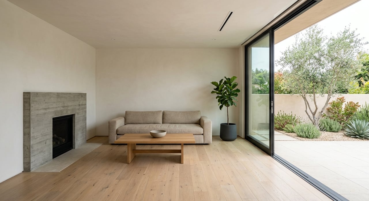Living room with plaster fireplace, white oak floors, and black-framed slider onto limestone terrace