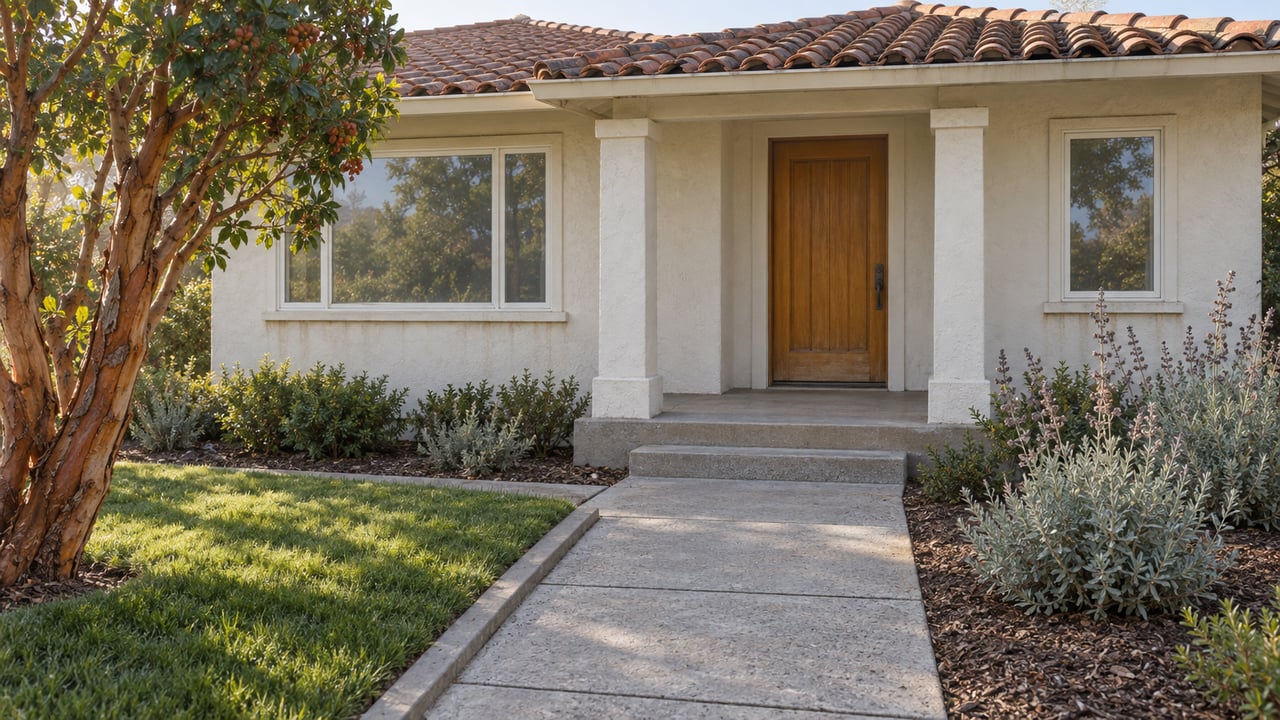 Cream stucco home with a red clay tile roof, wood entry door and worn concrete approach beside a strawberry tree and silver-leaved sage.