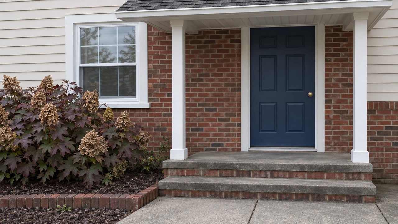 Brick steps and a concrete walk lead to a dark blue front door beside a white-trimmed window and an oakleaf hydrangea with autumn foliage.