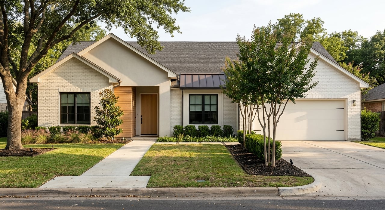 House exterior with planting beneath the sky.