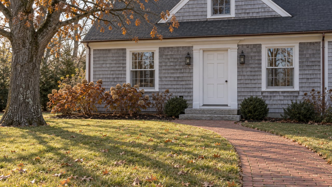 Weathered cedar-shingle home with white-trimmed windows, granite entry steps, and a brick walk crossing a late-fall lawn beneath a mature oak.