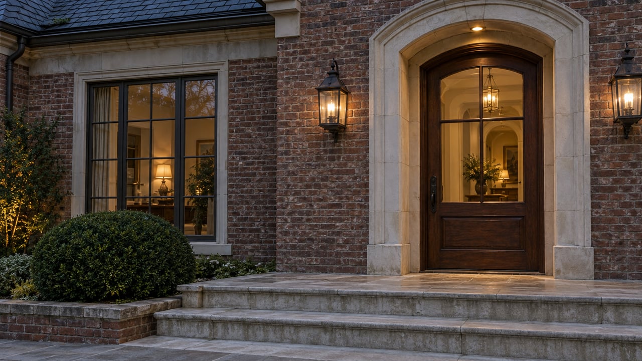 Brick house entry with an arched oak door, multi-pane window, limestone steps, and clipped boxwood.