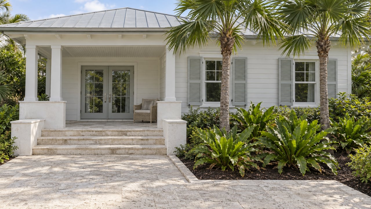 White clapboard home with a silver hip roof, shaded porch, limestone entry steps and two fan palms in a planted front garden.