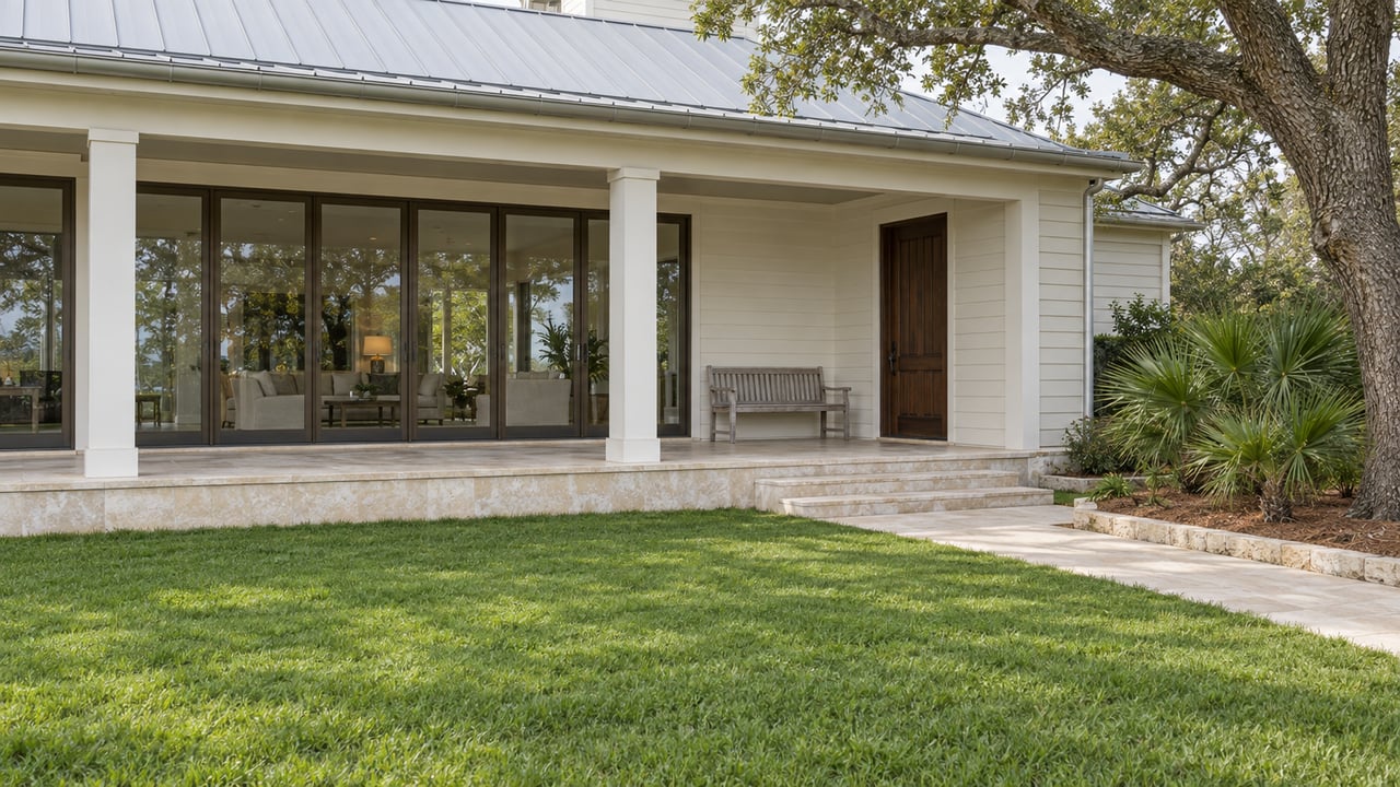 Ivory-sided home with a raised limestone porch, bronze-framed glass doors and a broad lawn beneath a mature live oak.