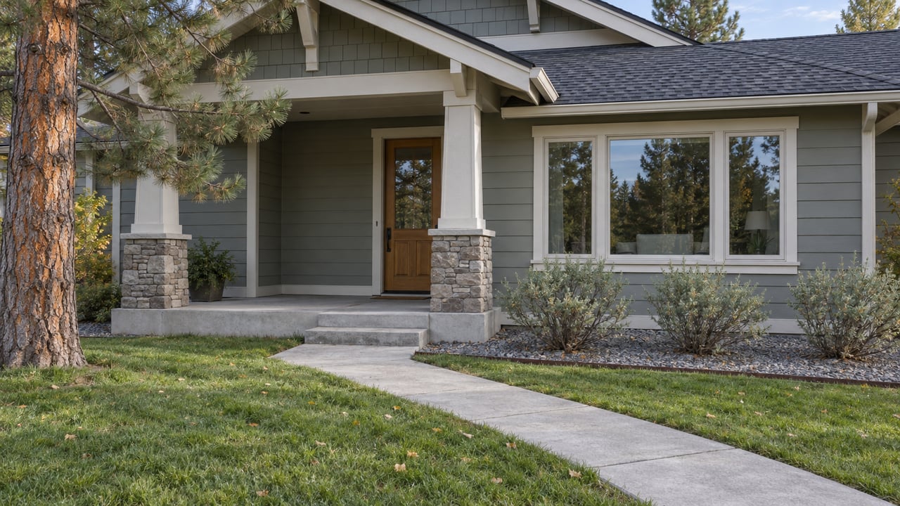 Gray-green gabled home with a covered stone-based porch, concrete approach, lawn, a ponderosa pine and carefully spaced native shrubs.