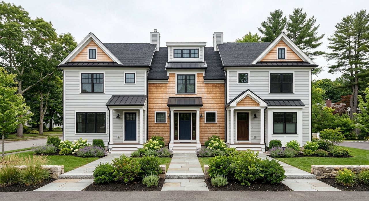 Three attached townhomes with clapboard facades, recessed entries, a navy center door, and landscaped paver walkway.