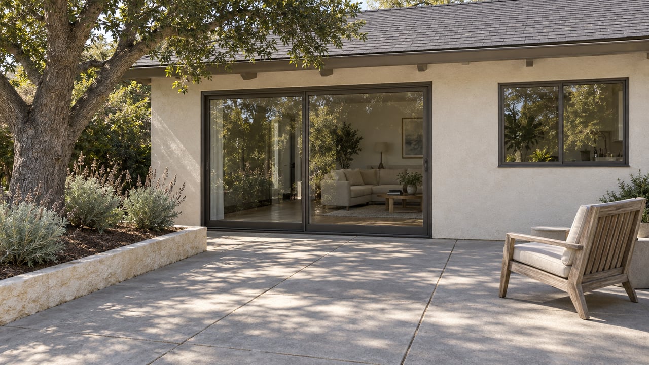 Sunlit rear terrace of an ivory stucco single-story home, with bronze-framed glass doors, a teak chair and a mature live oak in a stone-edged planting bed.