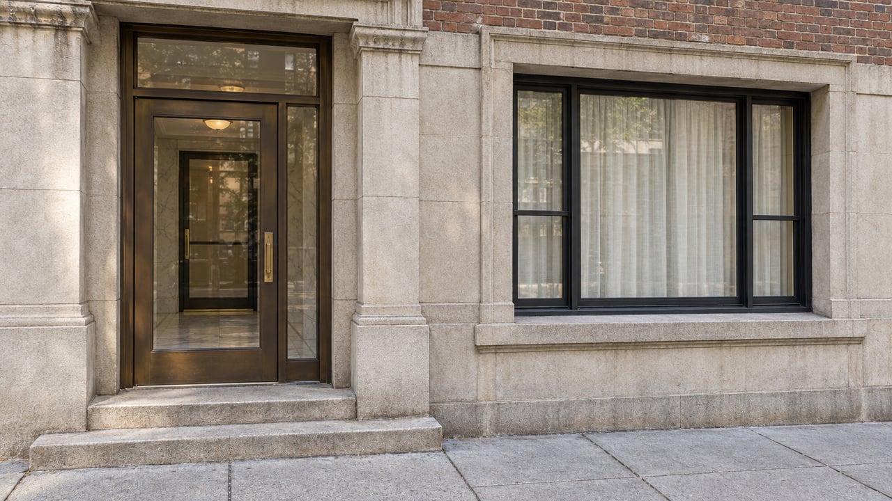 Bronze-glazed residential entrance and black-framed window set into weathered limestone and reddish-brown brick, above worn stone steps.