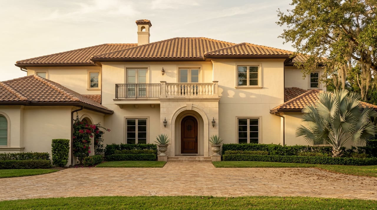 Two-story ivory stucco estate with a clay tile roof, arched entry, iron balcony, and sunlit travertine motor court.