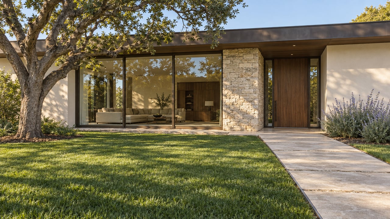 A low modern home with limestone, ivory stucco and bronze-framed glass sits beyond a deep lawn beneath a mature oak.