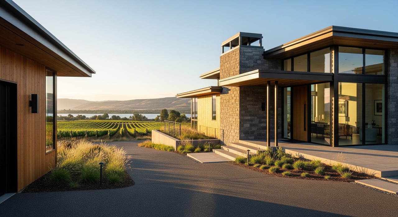 Modern stone-and-glass house beside a vineyard, with rolling hills in the distance.