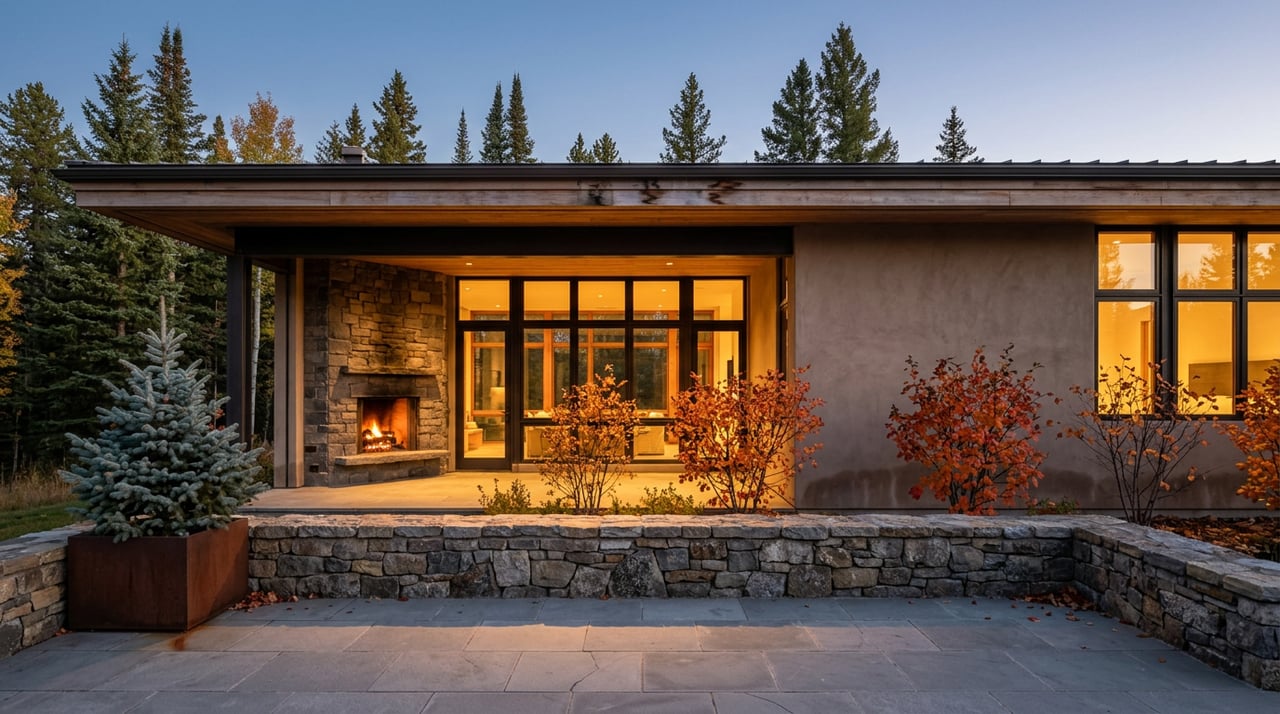 Mountain home glowing through glass at dusk, with a stone fireplace, autumn leaves, and spruce trees.