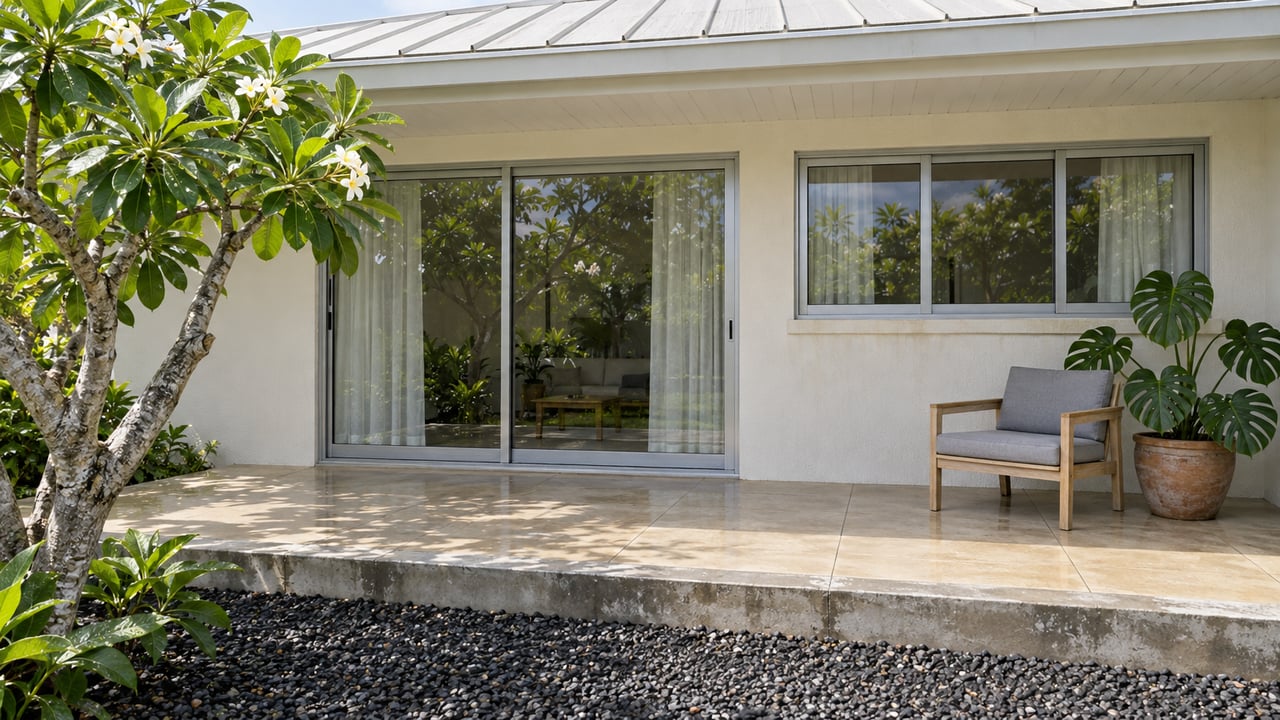 A covered terrace with pale tile, a teak chair, and potted monstera beside closed glass doors, framed by a flowering plumeria tree.