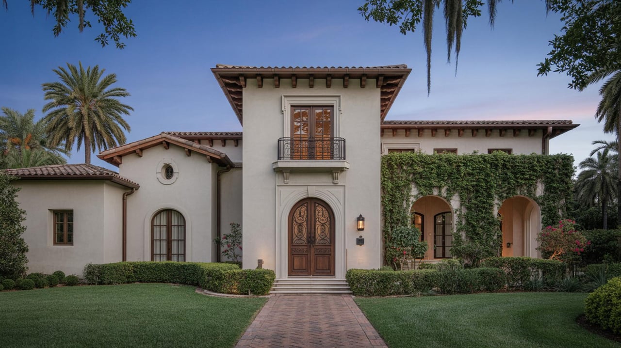 White stucco villa with a carved wooden entrance, ivy-covered wing, and palm trees.