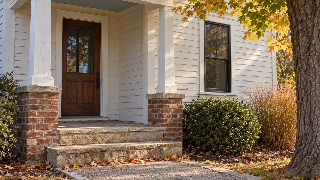 Village house entry with a glazed door, limestone steps, and yellowing maple leaves