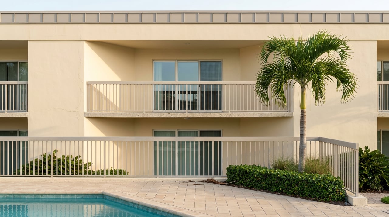 Low-rise condominium balconies above a turquoise pool, with a royal palm beside the stucco facade.