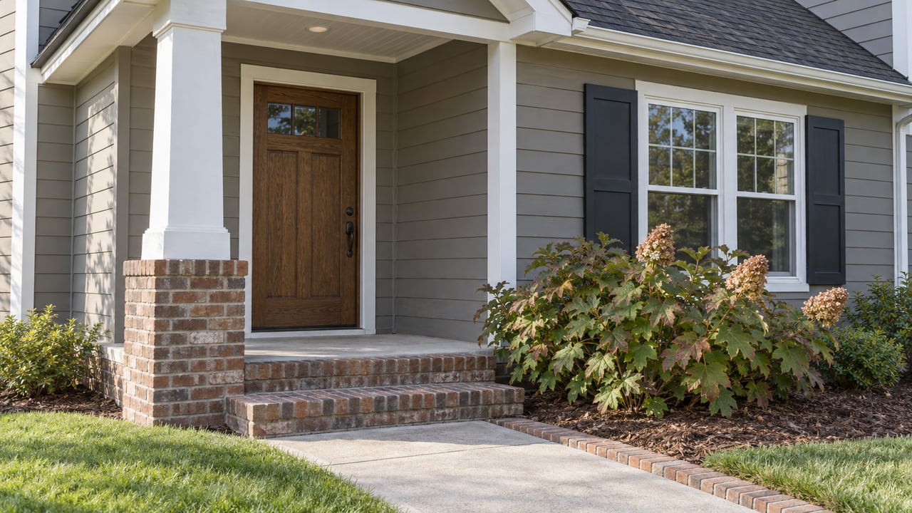 Covered front entry with gray-brown lap siding, white trim, brick steps, and an oakleaf hydrangea beside the walk.
