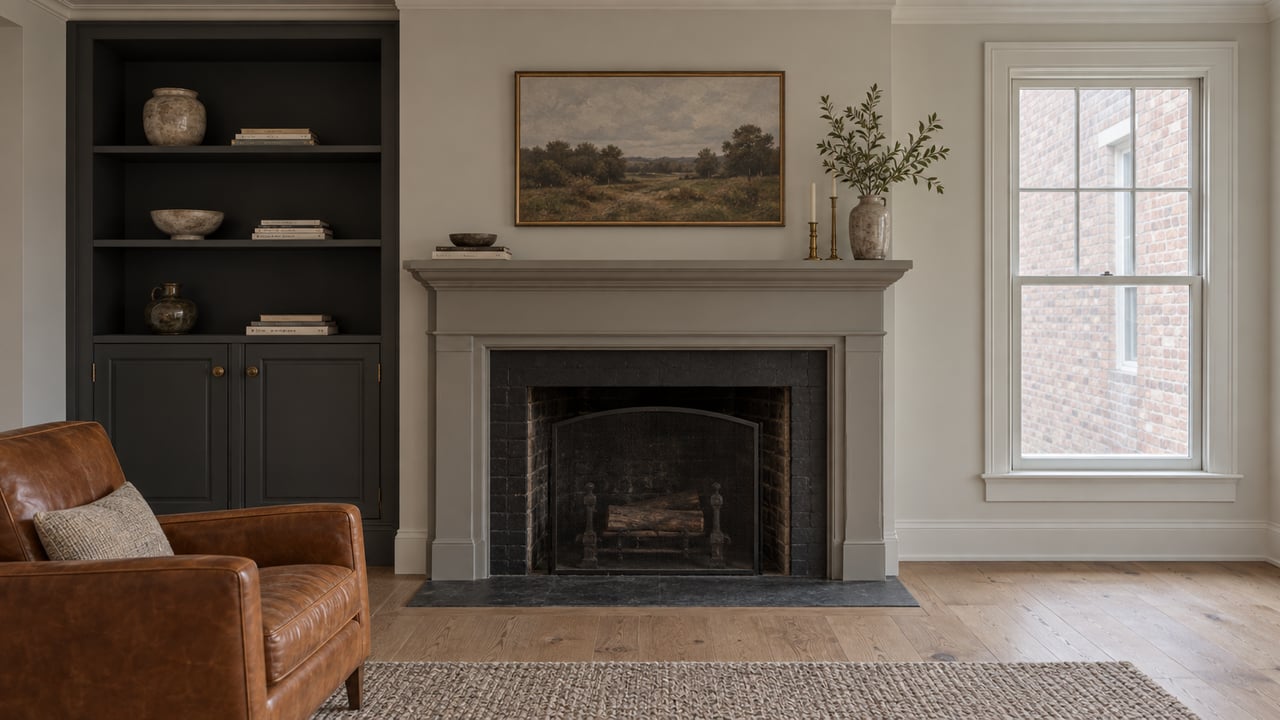 Living room with a charcoal built-in bookcase, painted fireplace mantel, and glazed double-hung window.