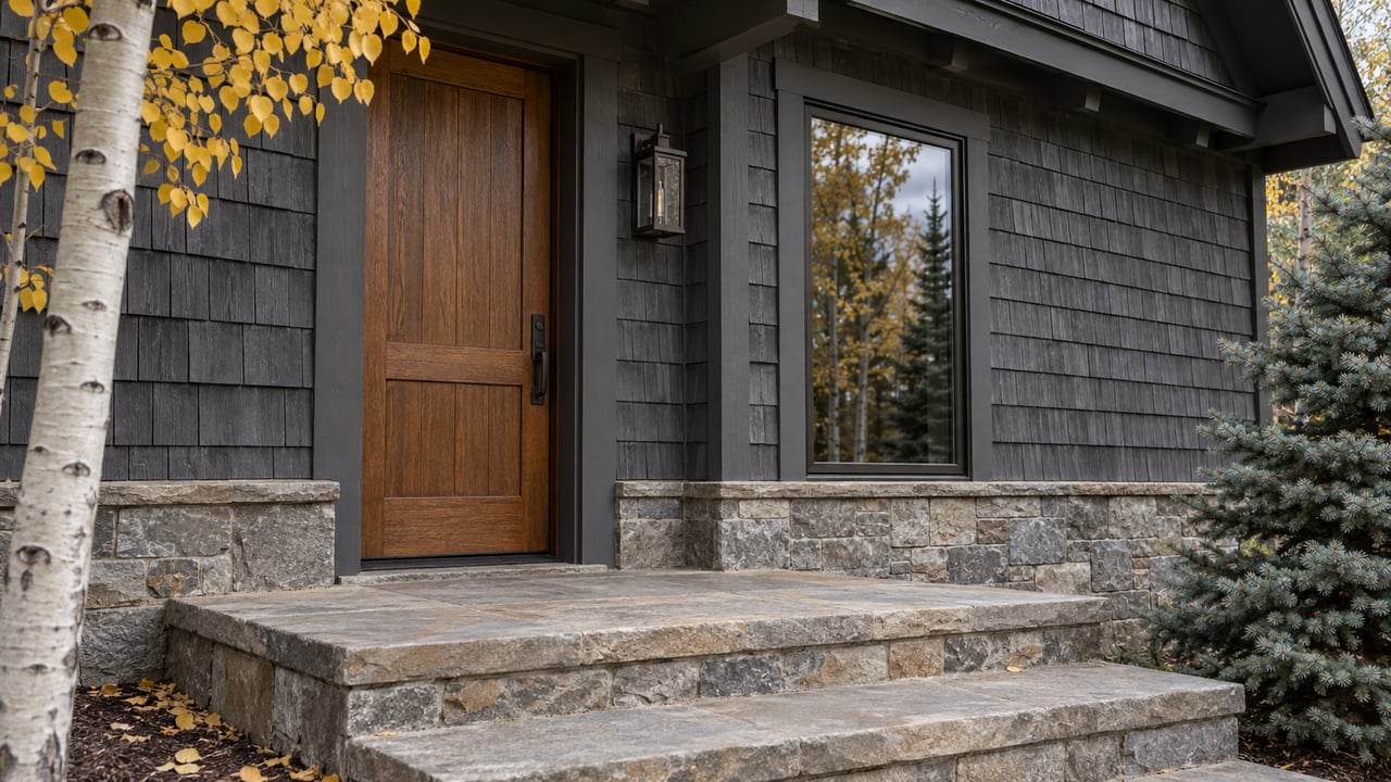 Charcoal-shingled house entry with an oak door, tall window, stone steps, and yellow aspen leaves.
