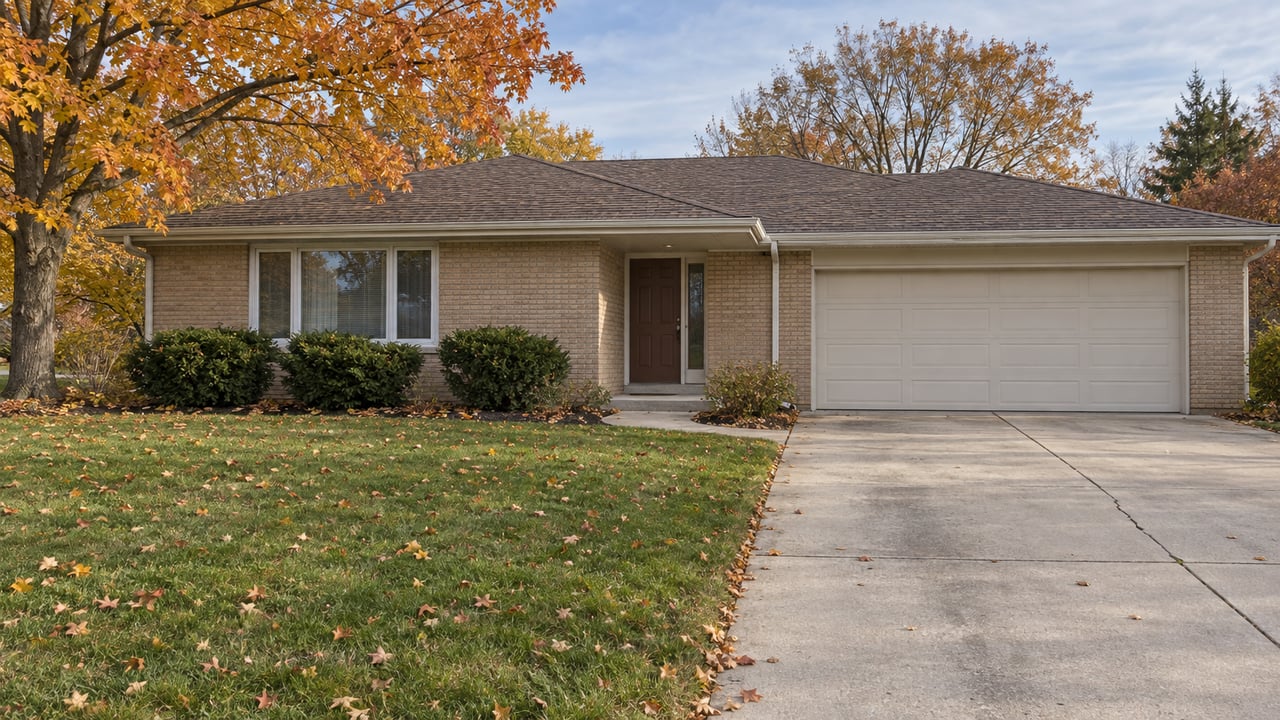 A buff-brick ranch with an attached garage, deep front lawn and orange-gold maple leaves in autumn daylight.
