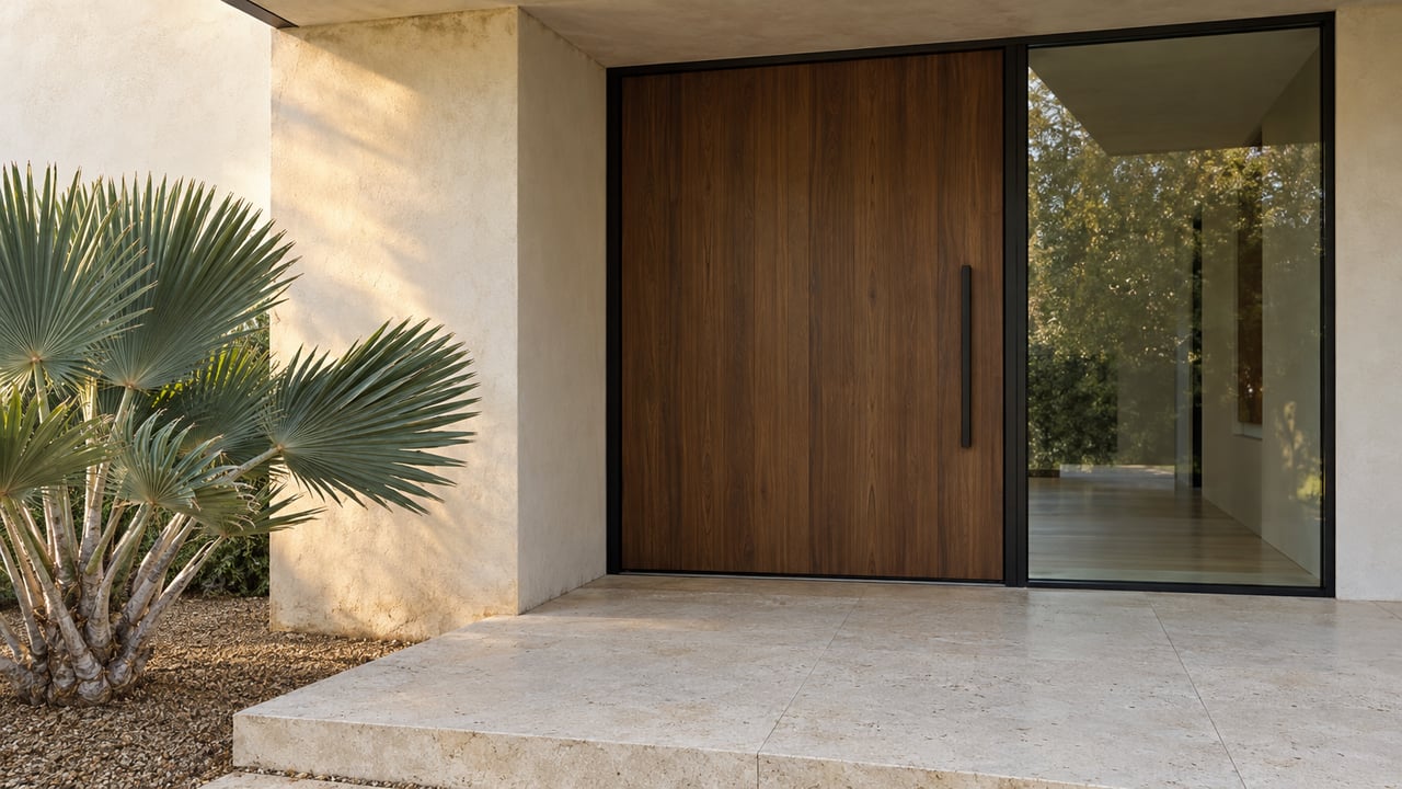 Sheltered walnut front door and black-framed sidelight beside ivory stucco, with a limestone landing and sculptural fan aloe.