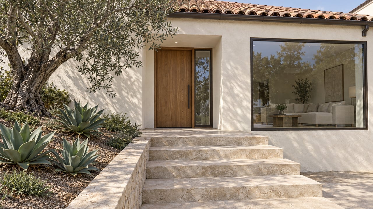 Sunlit limestone steps approach an ivory stucco home with a clay tile roof, oak entry door, olive tree and sculptural agaves.