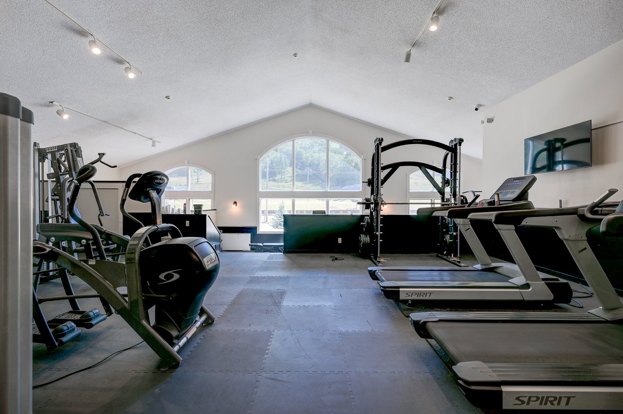 Fitness room with treadmills and weight equipment beneath arched windows overlooking a mountain setting.