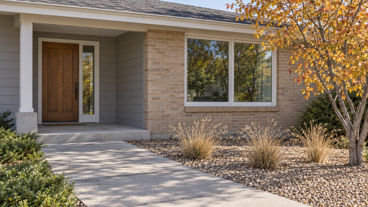 An updated brick and gray-sided home with a covered oak entry, broad window and autumn serviceberry beside a concrete approach.