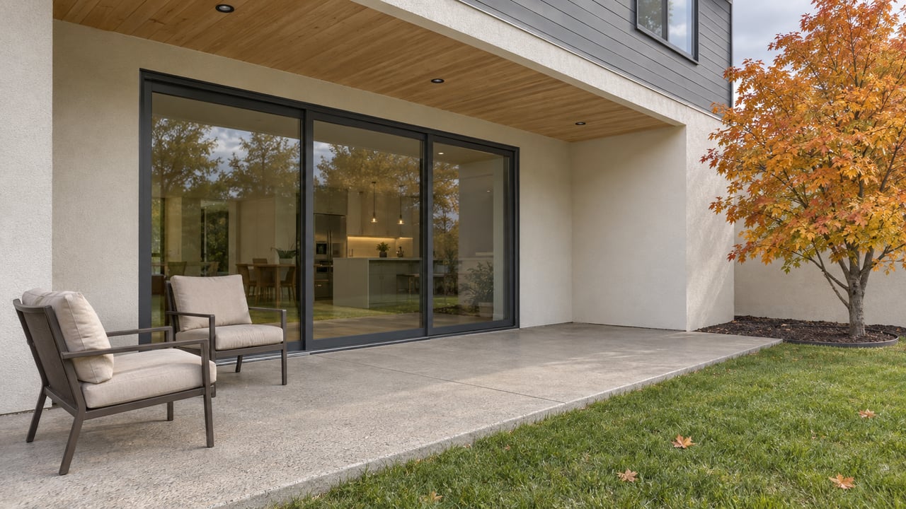 Covered patio with bronze outdoor chairs, wood soffit and closed sliding glass doors beside an autumn maple and lawn.