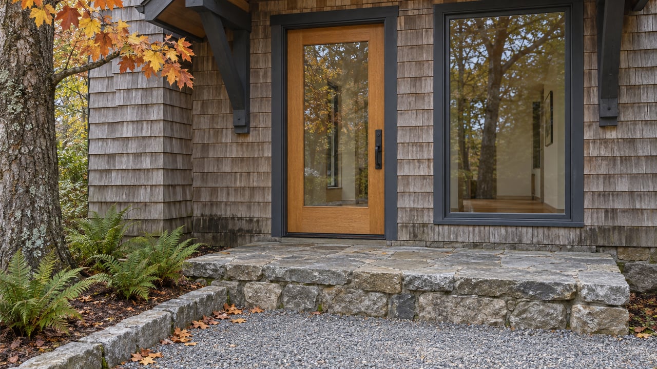 A sheltered glazed oak entrance beside a tall window, with weathered cedar shingles, a limestone step and autumn maple leaves.