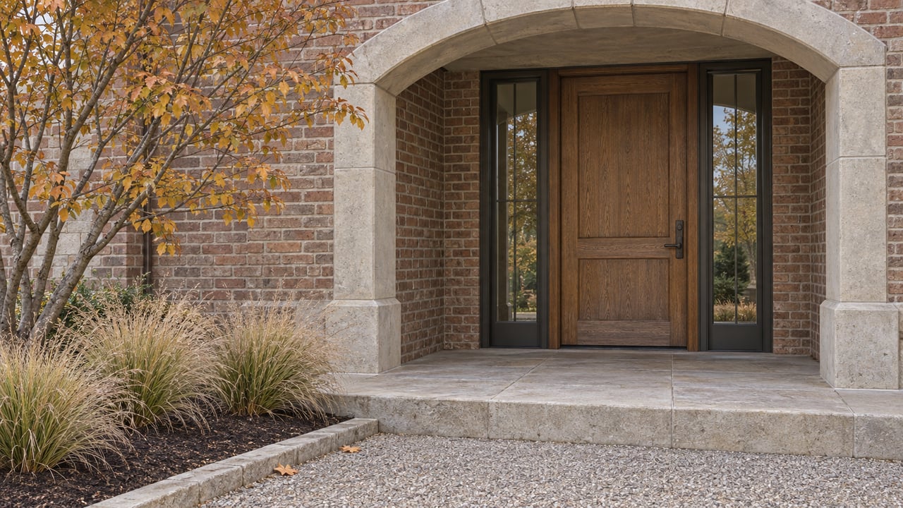 A sheltered brick and limestone entry with an oak door, paired glazed sidelights, and copper-colored serviceberry leaves beside a worn stone landing.