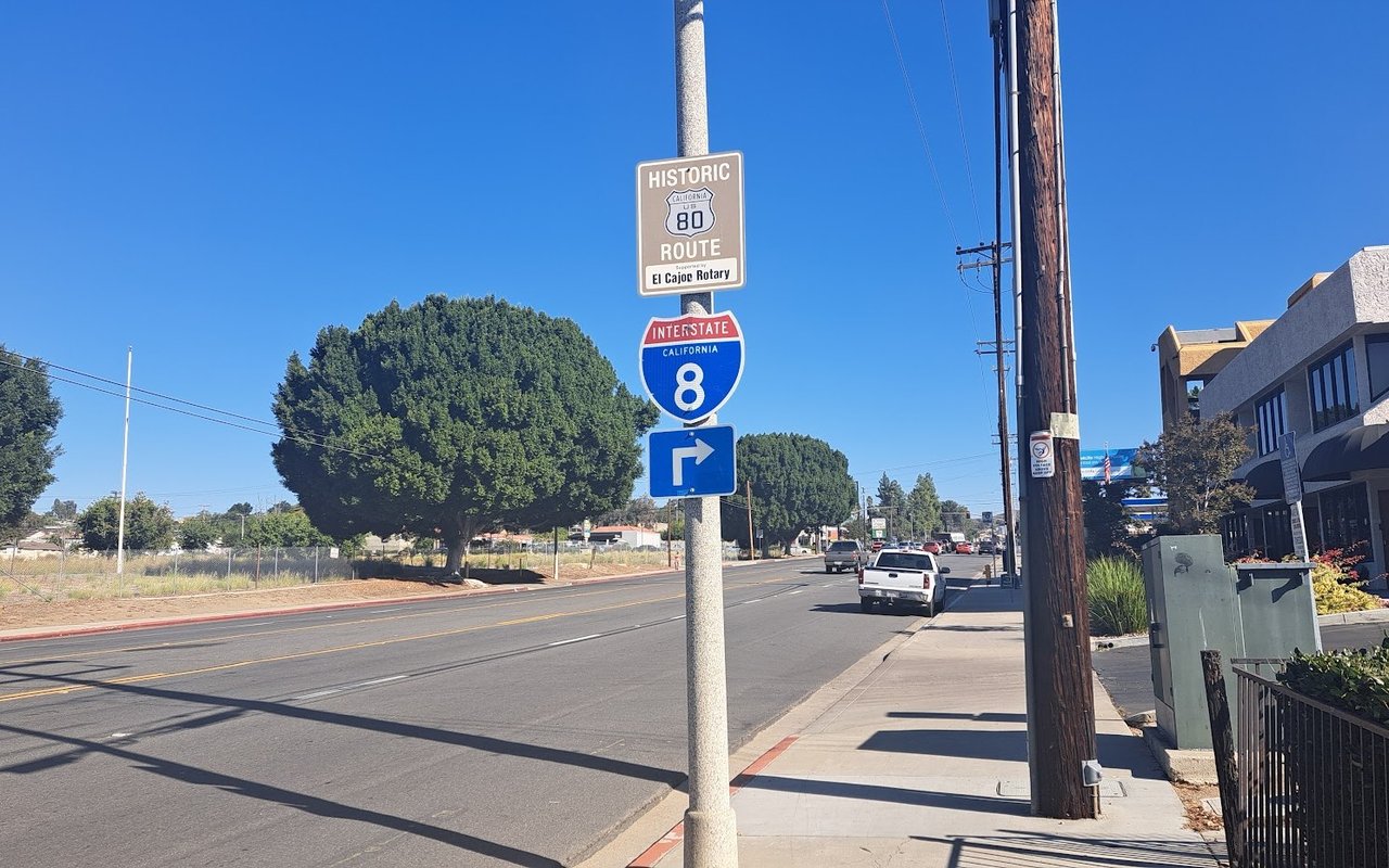 Historic US Route 80 sign and streetscape on Main Street in El Cajon