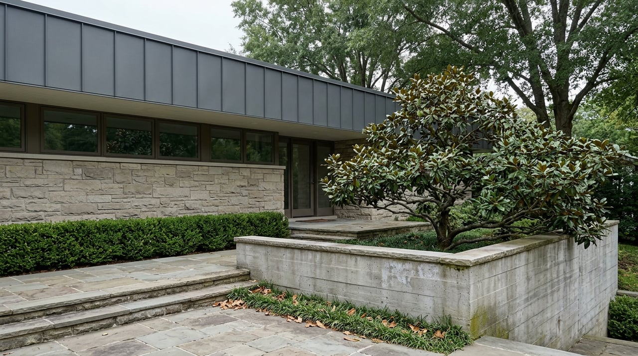 Stone-clad home with a deep metal roof overhang, terraced flagstone entry, and mature magnolia beside the retaining wall.