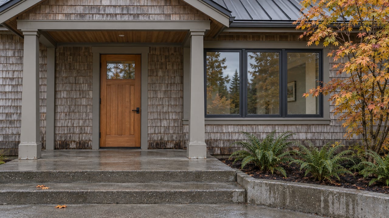 Weathered cedar-shingled home with a sheltered wood entry, rain-darkened concrete steps, autumn vine maple and sword ferns.