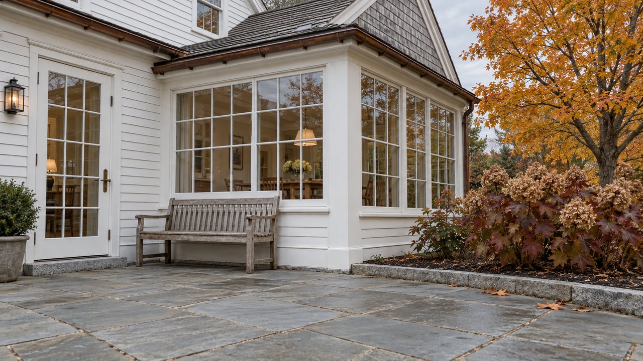 White clapboard house with an enclosed glazed breakfast room, blue-gray stone terrace, weathered teak bench and amber autumn planting.