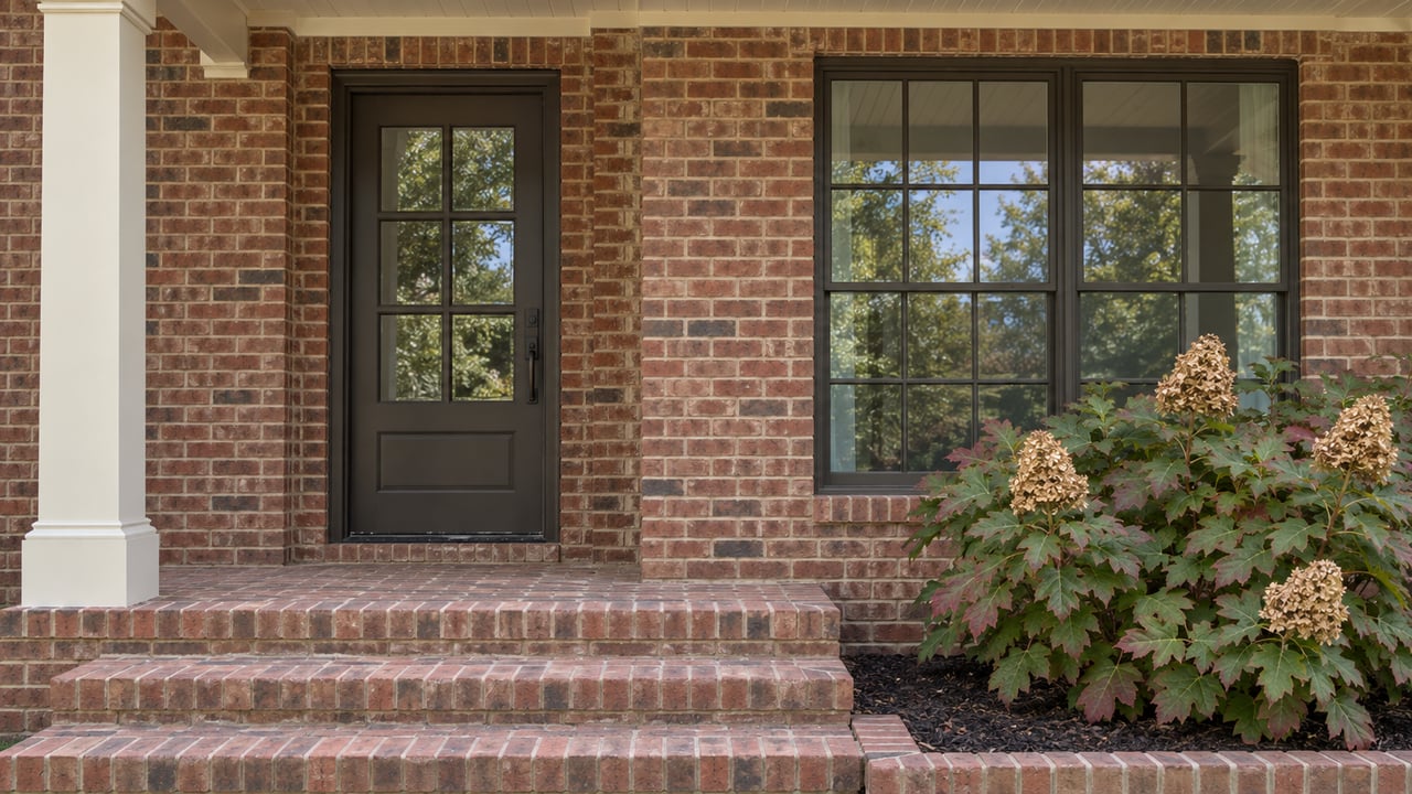 Brick home entrance with a dark-bronze glazed door, gridded window, weathered brick steps, and oakleaf hydrangea.