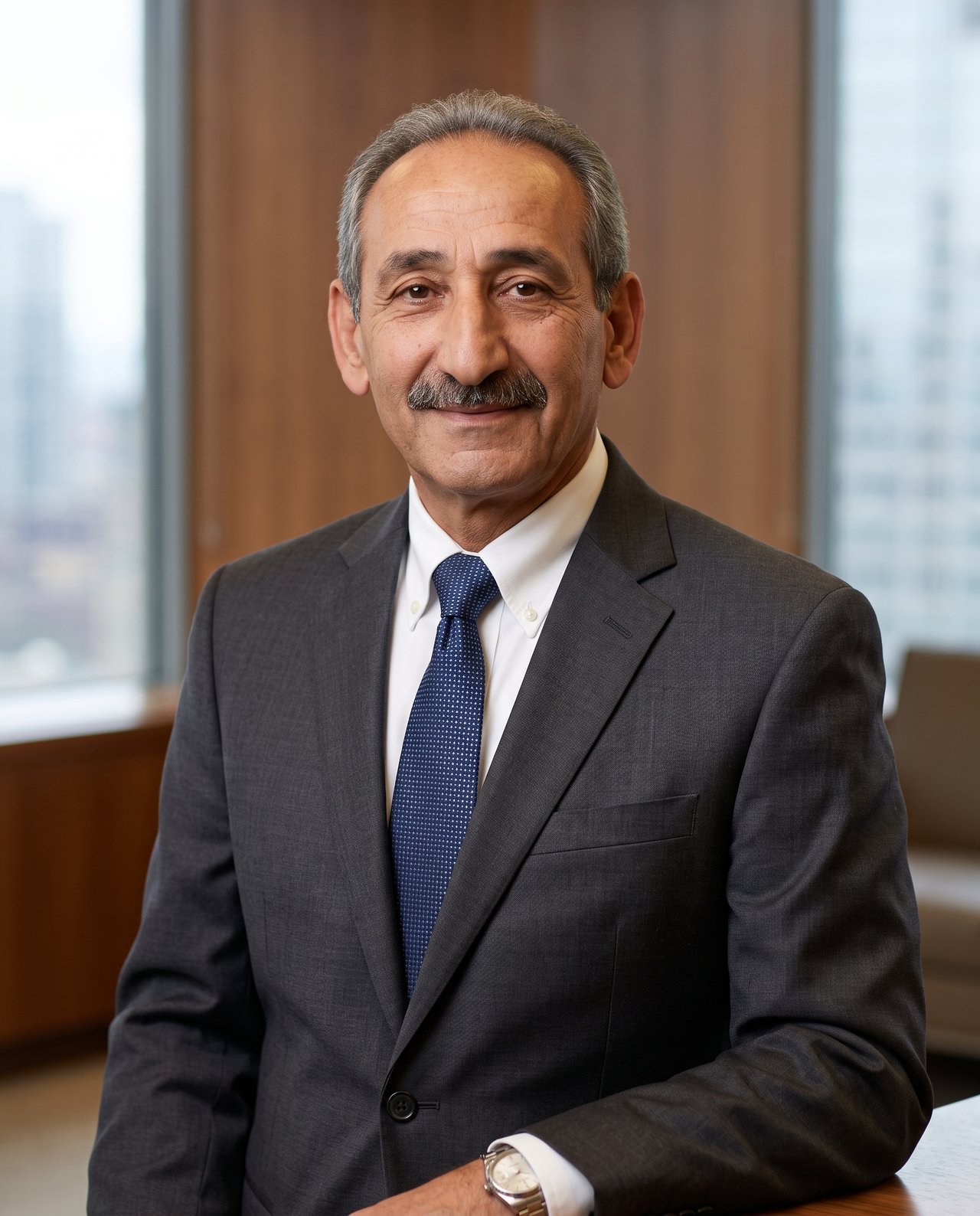 Robert Moshola in a dark suit and blue tie, posed in a bright office.