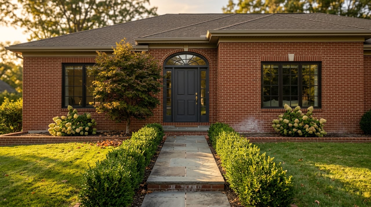 Brick home with an arched entry, bluestone walkway, boxwood hedge, and maple casting long shadows.