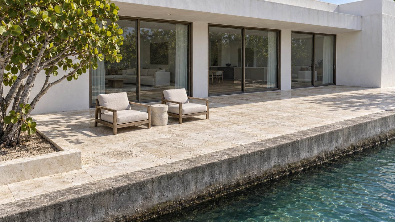 Sunlit limestone terrace outside a white contemporary waterfront home, with closed glass doors, teak loungers, a sea grape tree and blue-green canal water below a concrete seawall.