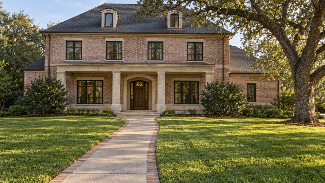 Pale red brick home with limestone porch columns, dark windows, a deep green front lawn and a spreading mature oak in warm evening light.