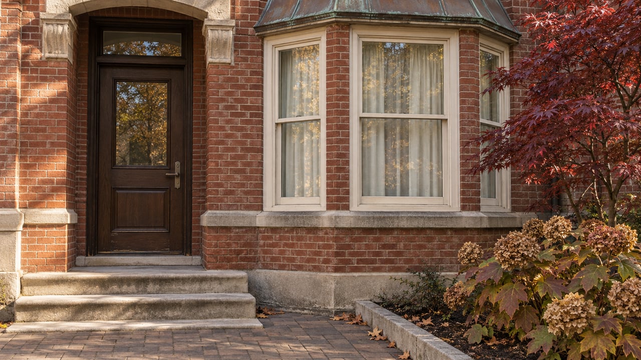 Red-brick character-home entrance beside a cream-framed bay window, limestone steps and autumn planting.