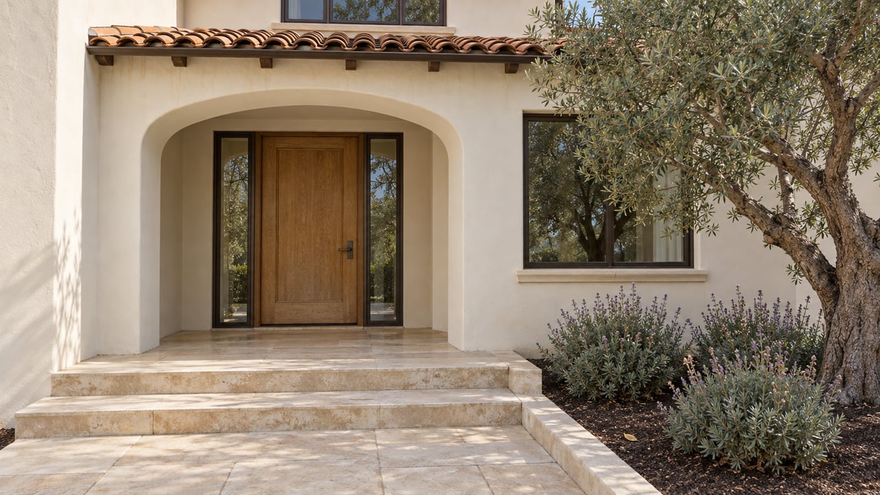 Sunlit stucco home entrance with an oak door, limestone steps and a mature olive tree beside the approach.